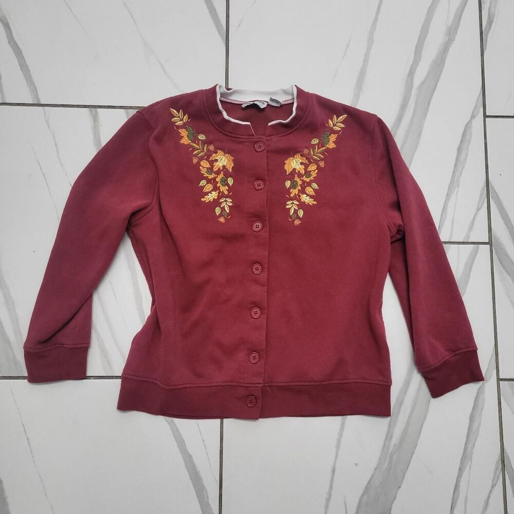 Vintage burgundy Embroidered Fall Foliage Button Front Cardigan